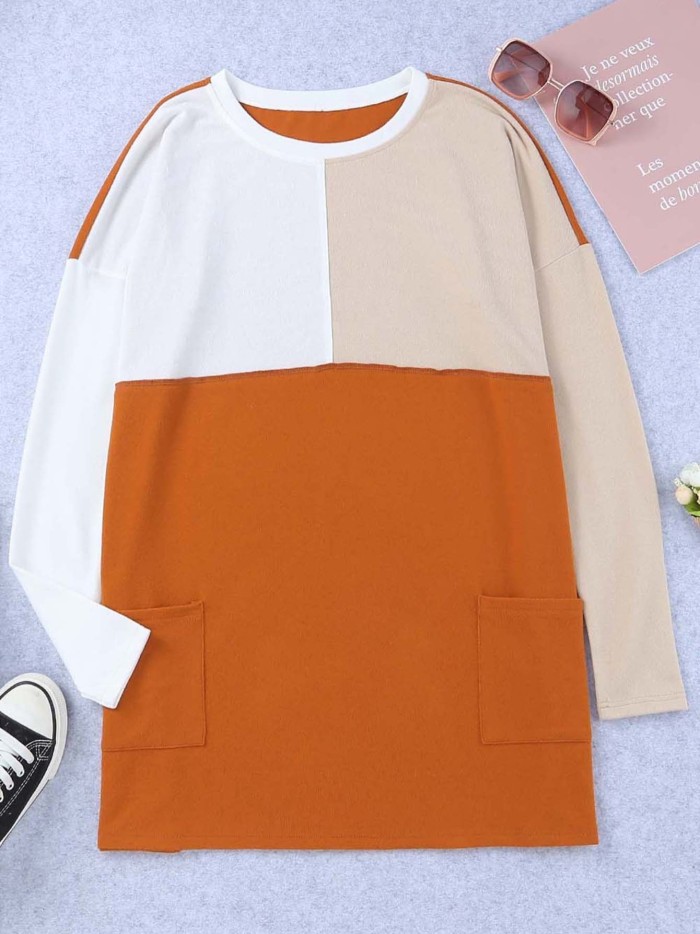 Women's T-shirt Orange Pocketed Color Block Patchwork Long Sleeve T-shirt