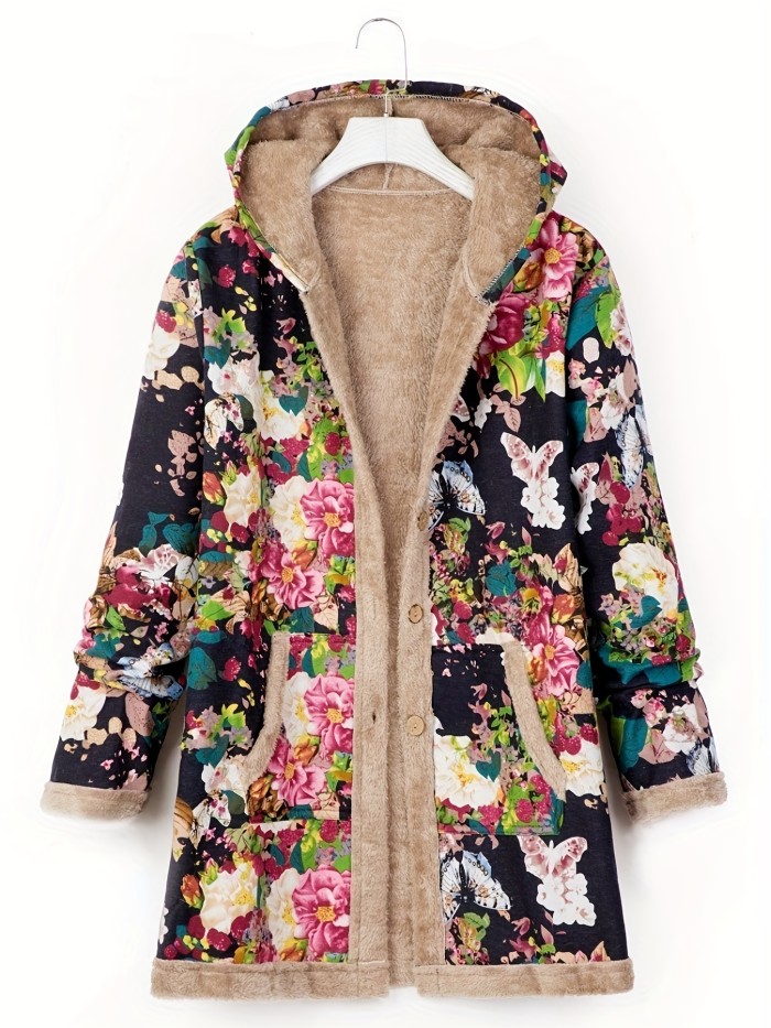 Floral Print Hooded Coat, Winter Long Sleeve Random Print Coat, Women's Clothing