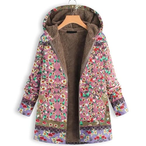 Floral Print Zipper Hooded Padded Coat, Long Sleeve Casual Winter Warm Outerwear, Women's Clothing