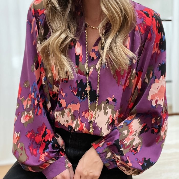 Ladies Graffiti Printed Puff Sleeve Blouses, V Neck Long Sleeve Blouses, Elegant & Stylish Tops For Office & Work, Women's Clothing