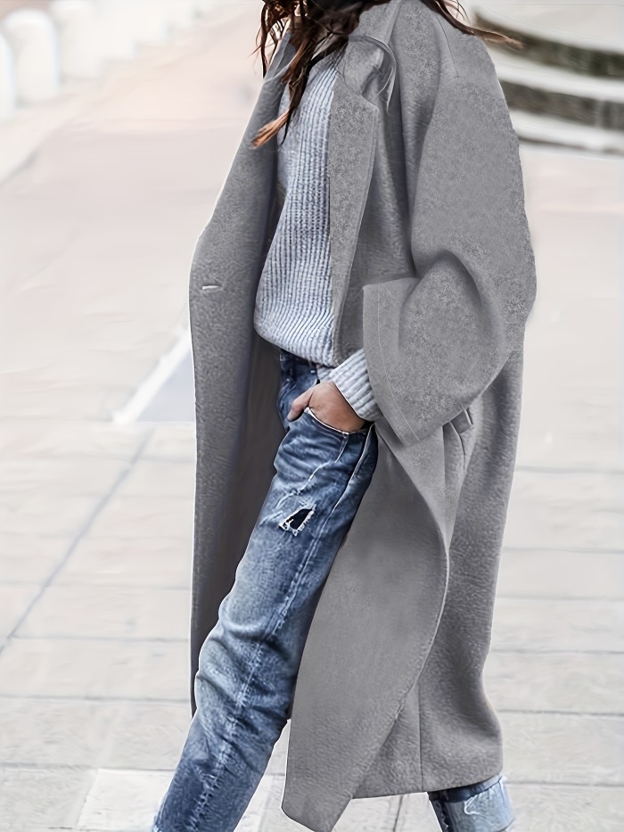 Plus Size Elegant Coat, Women's Plus Solid Long Sleeve Lapel Collar Single Breasted Longline Overcoat