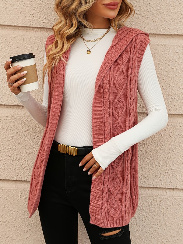 Twist Pattern Open Front Hooded Cardigan, Casual Sleeveless Mid Length Sweater, Women's Clothing