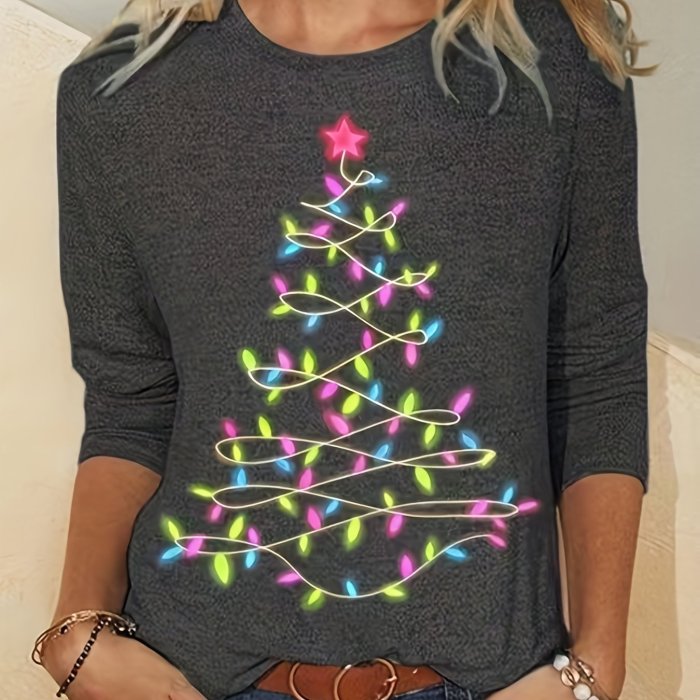 Christmas Tree Print Crew Neck T-Shirt, Casual Long Sleeve T-Shirt For Spring & Fall