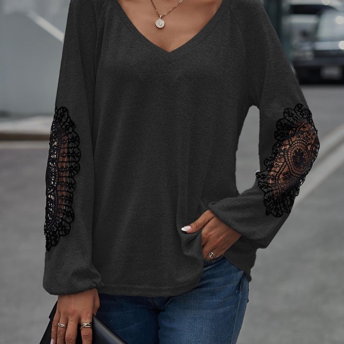 Lace Patch V-Neck Shirt, Loose-Fit Oversized Top With Lace Elbow Patches, Casual Tops For Fall & Winter, Women's Clothing