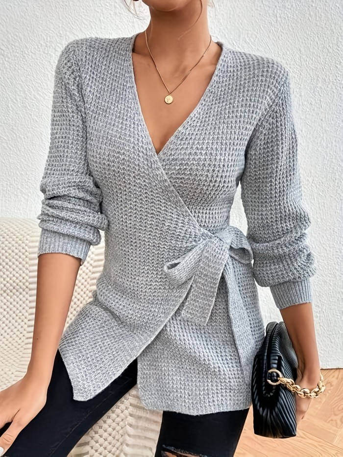 Solid Surplice Neck Belted Cardigan, Casual Long Sleeve Sweater For Fall & Winter, Women's Clothing