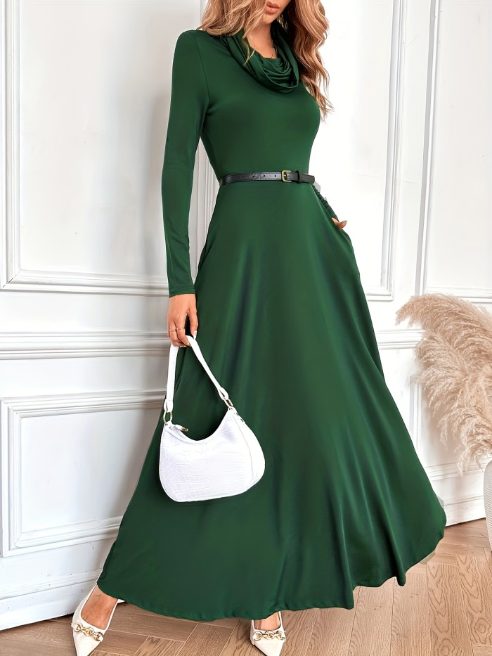 Solid Cowl Neck Dress, Elegant Long Sleeve Party Maxi Dress, Women's Clothing