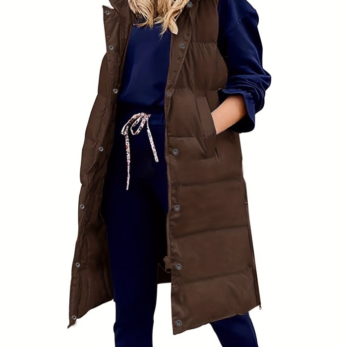 Hooded Sleeveless Coat, Button Front Long Length Casual Warm Outerwear, Women's Clothing