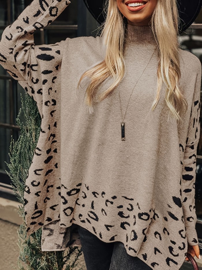 Loose Leopard Turtle Neck Sweater, Casual Long Sleeve Sweater, Casual Tops For Fall & Winter, Women's Clothing