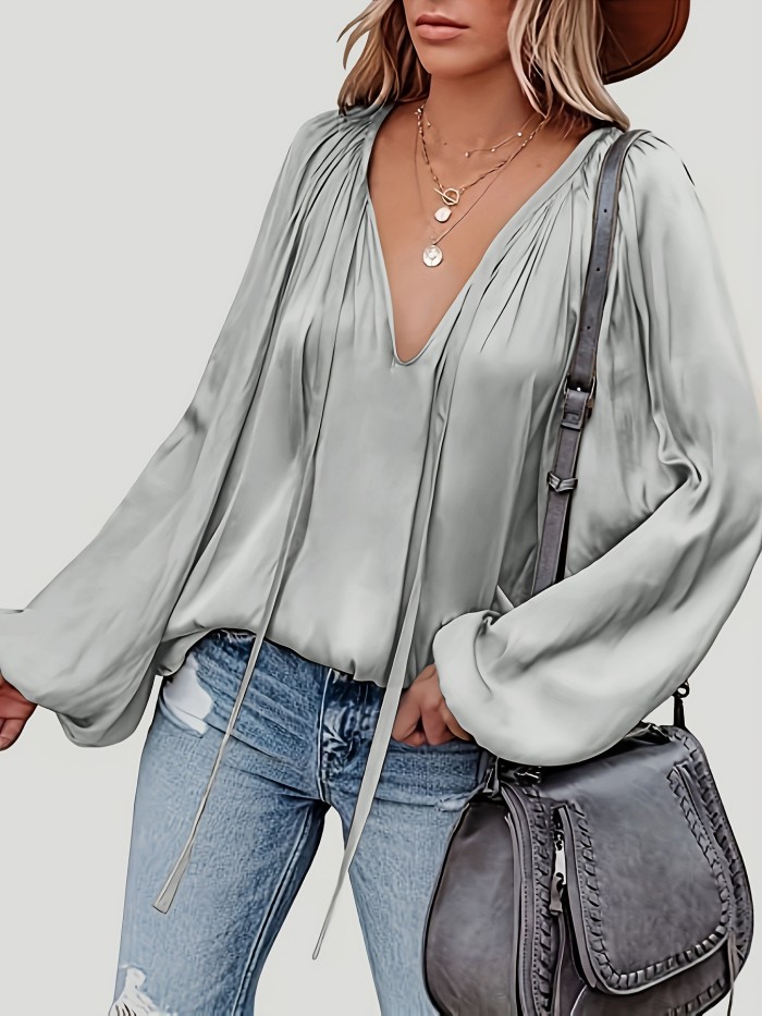 Solid Tie Neck Pleated Blouse, Casual Long Sleeve Blouse For Spring & Fall, Women's Clothing