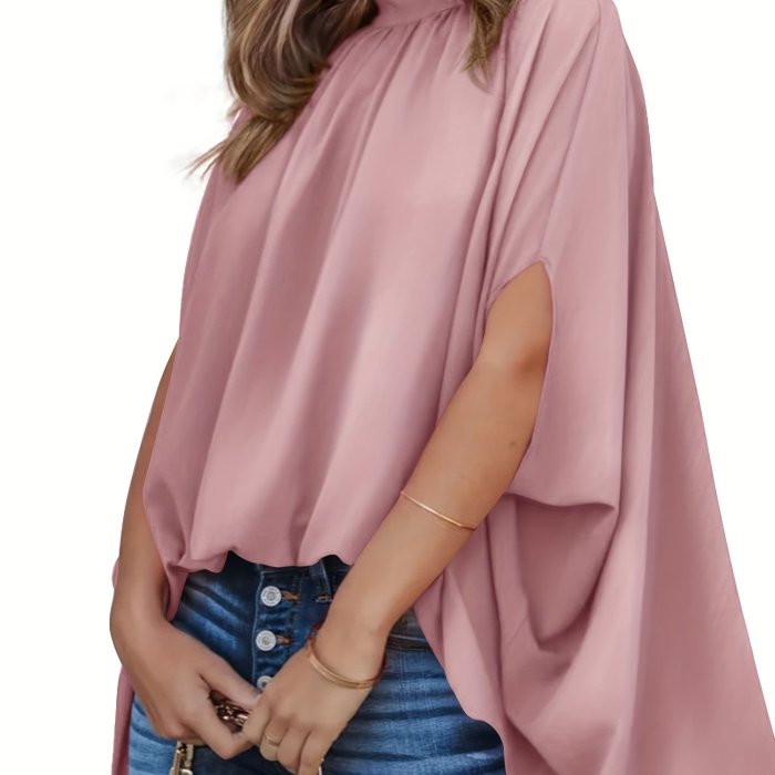 Solid Batwing Sleeve Blouse, Casual Ruched High Collar Loose Blouse, Women's Clothing