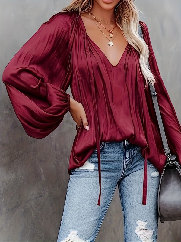 Solid Tie Neck Pleated Blouse, Casual Long Sleeve Blouse For Spring & Fall, Women's Clothing