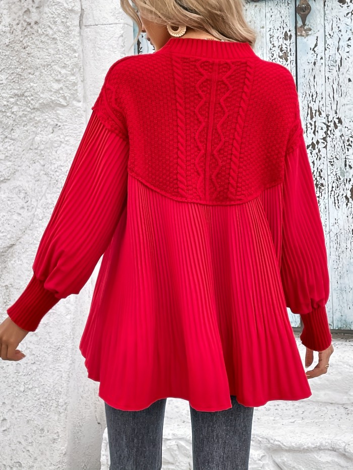 Stitching Shirt V Neck Knit Sweater, Casual Basics Lantern Sleeve Loose Fall Winter Knit Sweater, Women's Clothing