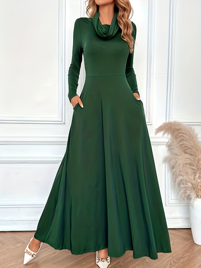 Solid Cowl Neck Dress, Elegant Long Sleeve Party Maxi Dress, Women's Clothing