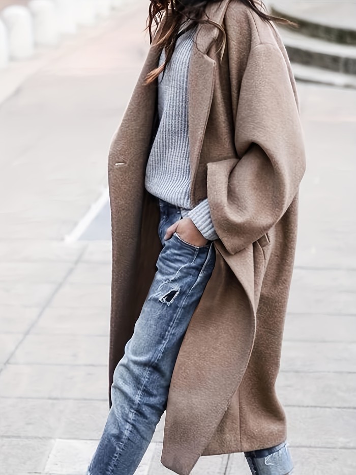 Plus Size Elegant Coat, Women's Plus Solid Long Sleeve Lapel Collar Single Breasted Longline Overcoat