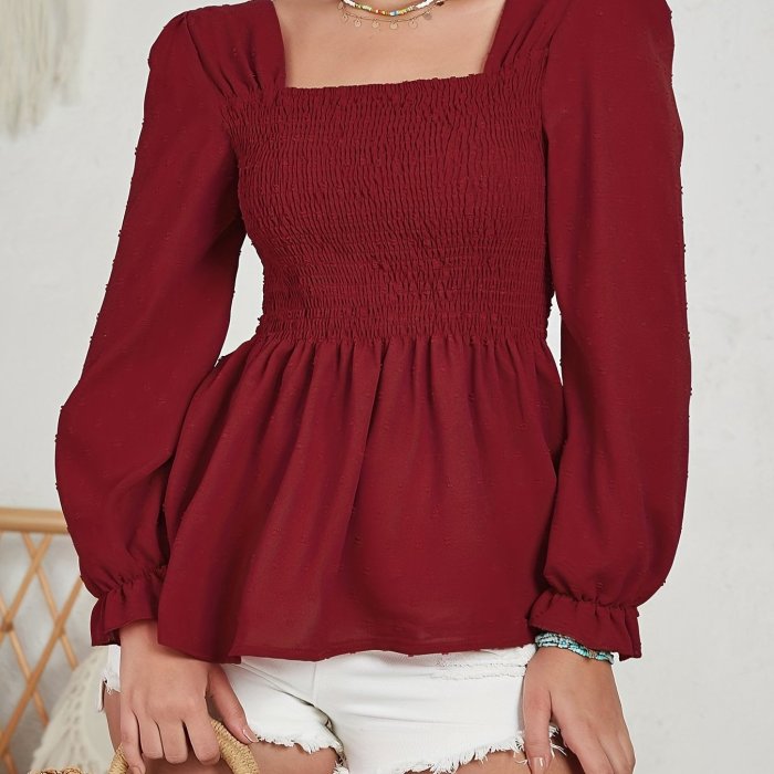 Textured Ruffle Hem Lantern Sleeve Blouse, Casual Solid Square Neck Blouse, Women's Clothing