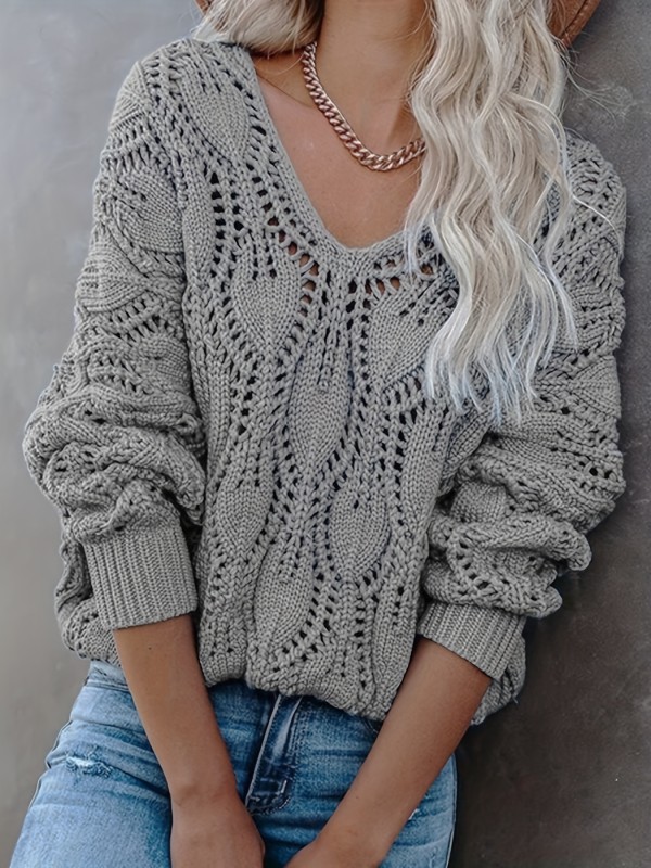 Cut Out V Neck Sweater, Casual Long Sleeve Sweater For Fall & Winter, Women's Clothing