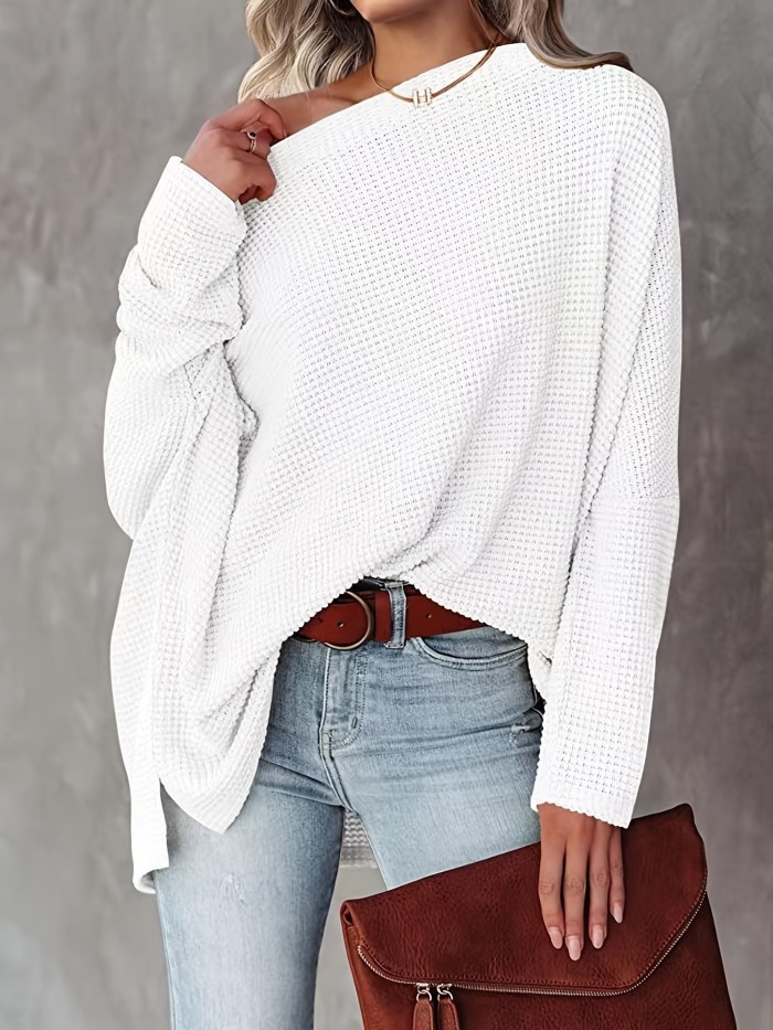 Women's Casual Off Shoulder Bat Long Sleeve Waffle Knitted Oversized Pullover Sweater, Casual Tops For Fall & Winter, Women's Clothing