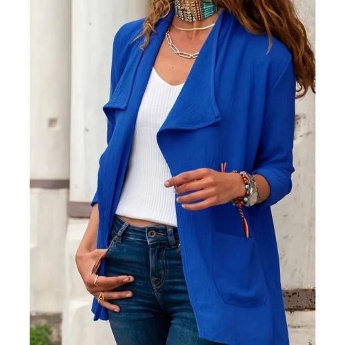 Plus Size Casual Coat, Women's Plus Solid Long Sleeve Open Front Slight Stretch Cardigan With Pockets