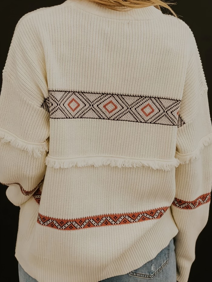 Geometric Pattern Tassel Pullover Sweater, Casual Long Sleeve Drop Shoulder Sweater, Women's Clothing
