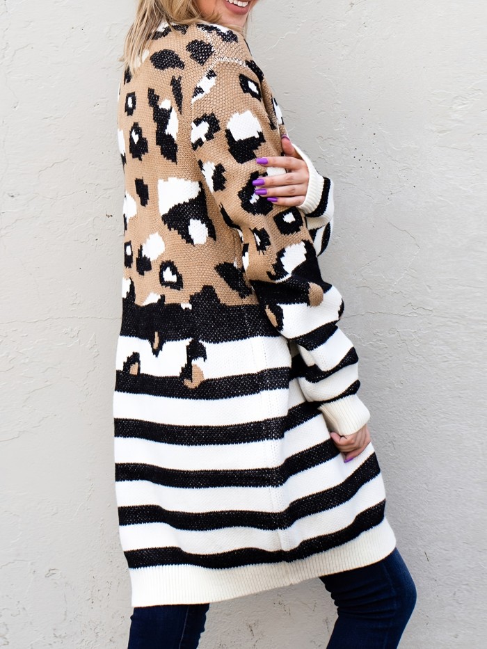 Striped Leopard Pattern Knit Cardigan, Casual Open Front Long Sleeve Sweater Coat, Women's Clothing