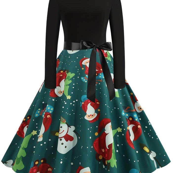 Christmas Santa Claus Print Crew Neck Dress, Vintage Long Sleeve Belted Dress, Women's Clothing