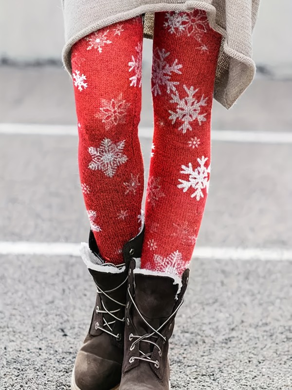 Christmas Snowflake Print Skinny Leggings, Casual Elastic Waist Stretchy Leggings, Women's Clothing