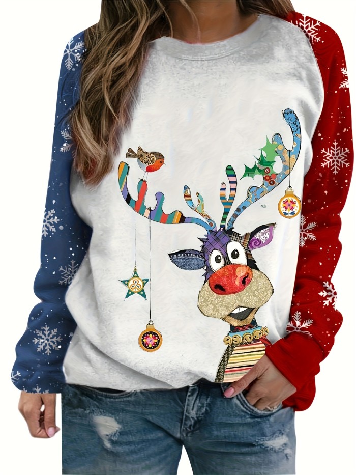 Plus Size Christmas Casual Top, Women's Plus Elk Print Long Sleeve Round Neck Slight Stretch Top