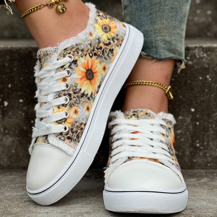 Women's Sunflower Print Canvas Shoes, Casual Lace Up Outdoor Shoes, Lightweight Low Top Walking Shoes
