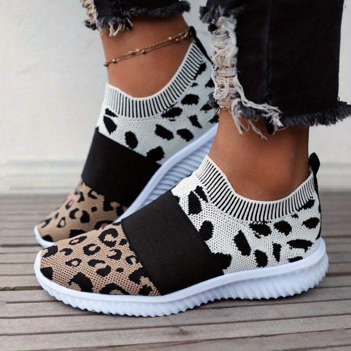 Women's Leopard Print Sock Shoes, Comfortable Slip On Low Top Sneakers, Breathable Knit Sports Shoes