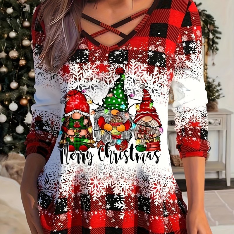 Plus Size Christmas Top, Women's Plus Cute Dwarf & Slogan & Snowflake Print Long Sleeve Criss Cross V Neck Medium Stretch Top