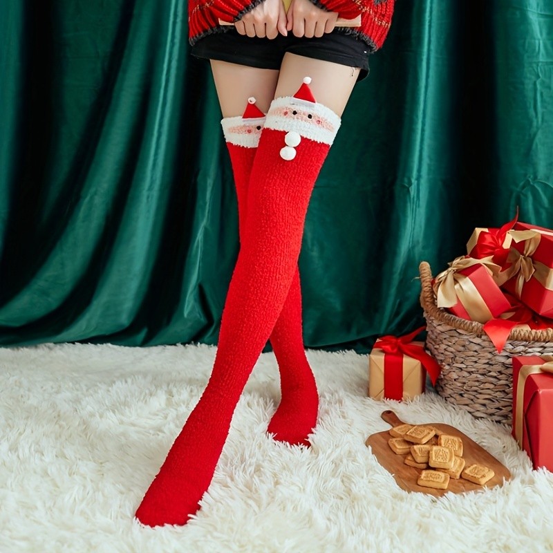 Christmas Thigh High Socks, Cute Fuzzy Over The Knee Socks, Women's Stockings & Hosiery