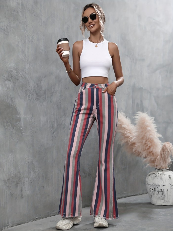 Striped Print Multicolored Flare Jeans, Raw Hem High Stretch High Waist Bell Bottom Jeans, Women's Denim Jeans & Clothing