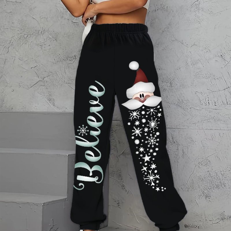 Christmas Print Loose Jogger Pants, Casual Elastic Waist Pants, Women's Clothing