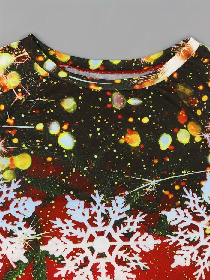 Christmas Style & Snowflake Print Tunics, Casual Long Sleeve Crew Neck Outwear, Women's Clothing