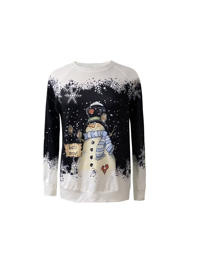 Snowman Pattern Pullover Sweatshirt, Casual Raglan Sleeve Crew Neck Sweatshirt For Fall & Winter, Women's Clothing