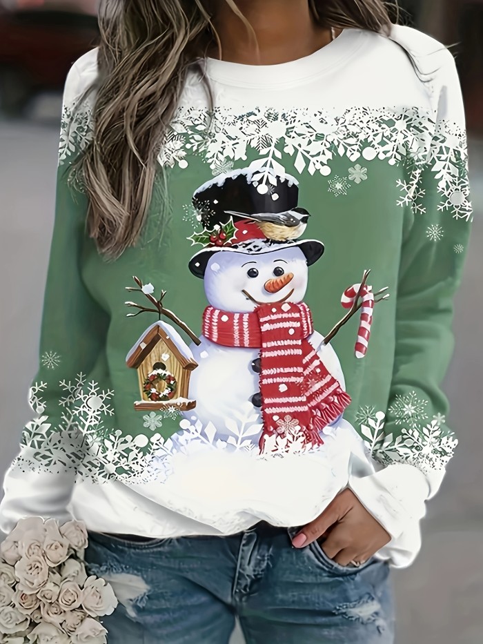 Christmas Snowman Print Sweatshirt, Casual Long Sleeve Crew Neck Sweatshirt, Women's Clothing