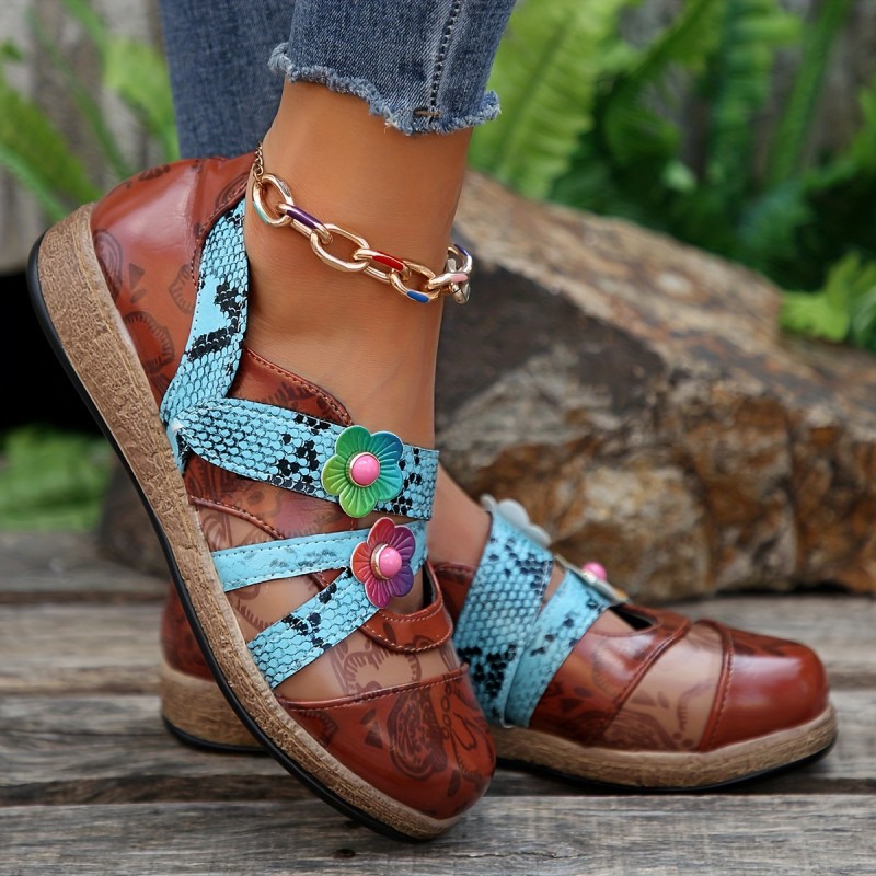 Women's Flower Decor Flat Shoes, Casual Snakeskin Pattern Slip On Shoes, Lightweight Cutout Design Shoes