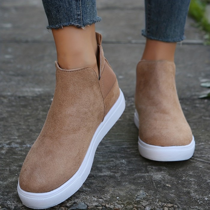 Women's Flat High Top Sneakers, Solid Color Round Toe Slip On Ankle Boots, Comfortable Suedette Shoes