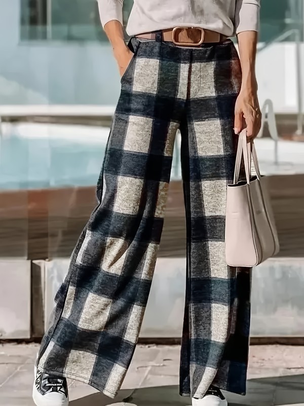Plaid High Waist Wide Leg Pants, Casual Pants For Spring & Fall, Women's Clothing
