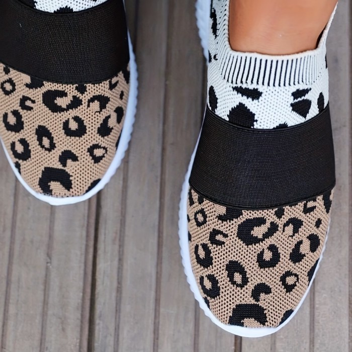Women's Leopard Print Sock Shoes, Comfortable Slip On Low Top Sneakers, Breathable Knit Sports Shoes