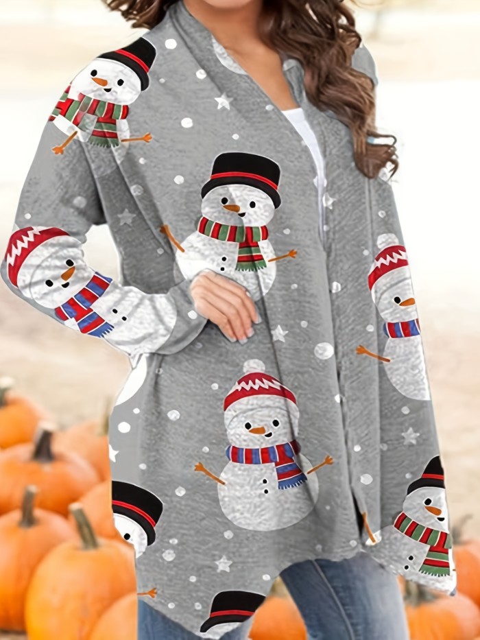 Plus Size Christmas Casual Coat, Women's Plus Hut & Snowflake Print Long Sleeve Open Front Cardigan