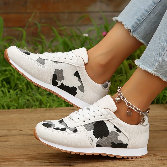 Women's Leopard Print Sneakers, Lace Up Low-top Casual Flat Shoes, Comfy Outdoor Sporty Shoes
