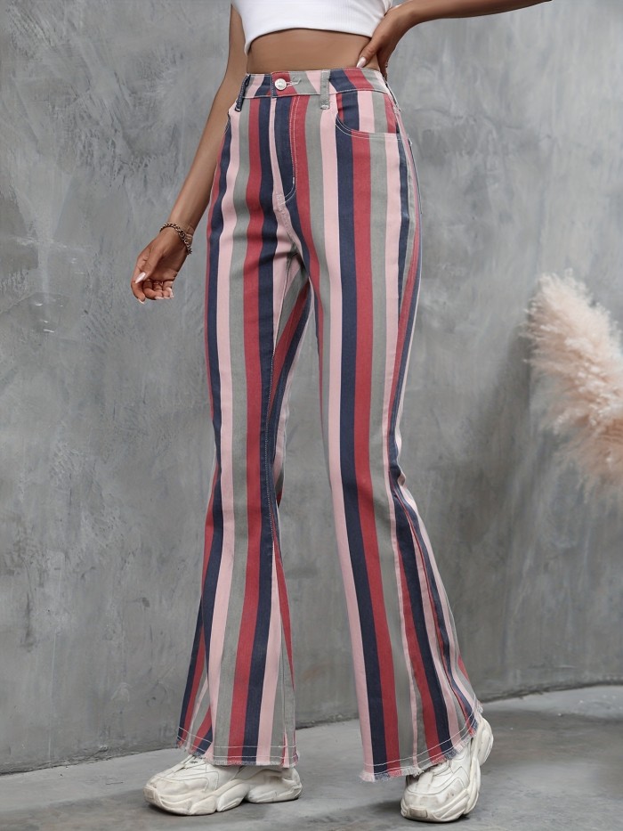 Striped Print Multicolored Flare Jeans, Raw Hem High Stretch High Waist Bell Bottom Jeans, Women's Denim Jeans & Clothing