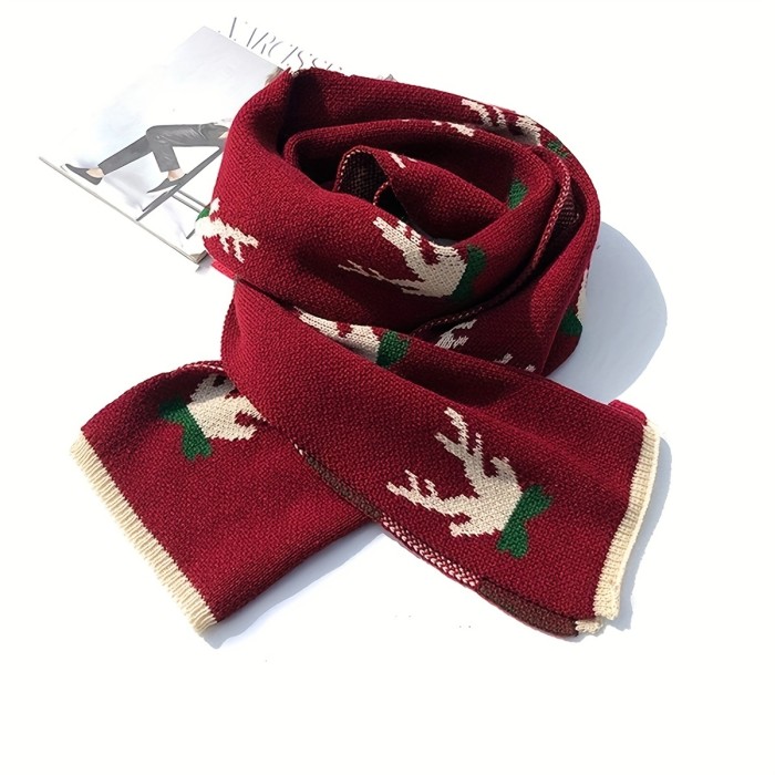 Christmas Knit Scarf Ladies Stylish Reindeer Antlers Pattern Thick Warm Scarf Autumn Winter Coldproof Inelastic Scarf Christmas Gift