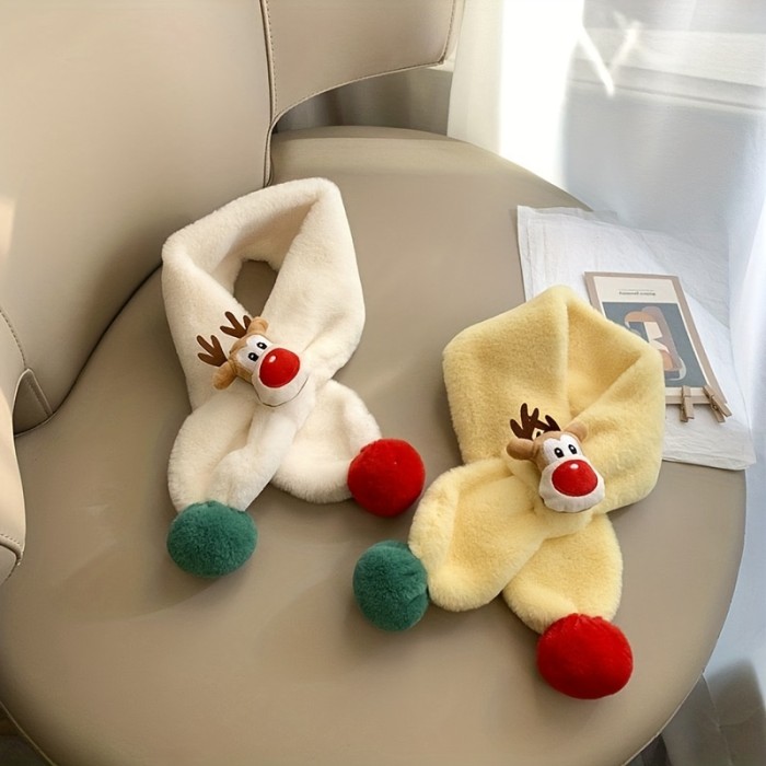 1pc Autumn And Winter Warm Cute Christmas Deer Scarf, Plus Fleece Windproof Scarf For Baby