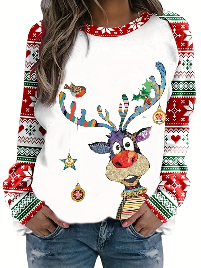 Plus Size Christmas Casual Top, Women's Plus Elk Print Long Sleeve Round Neck Slight Stretch Top