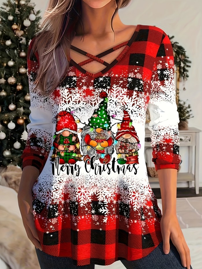 Plus Size Christmas Top, Women's Plus Cute Dwarf & Slogan & Snowflake Print Long Sleeve Criss Cross V Neck Medium Stretch Top