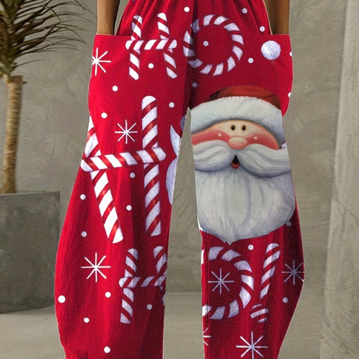 Christmas Graphic Print Straight Leg Pants, Casual Pocket Elastic Waist Pants, Women's Clothing