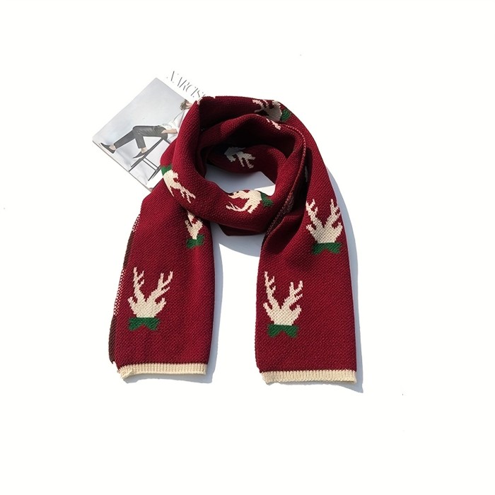 Christmas Knit Scarf Ladies Stylish Reindeer Antlers Pattern Thick Warm Scarf Autumn Winter Coldproof Inelastic Scarf Christmas Gift
