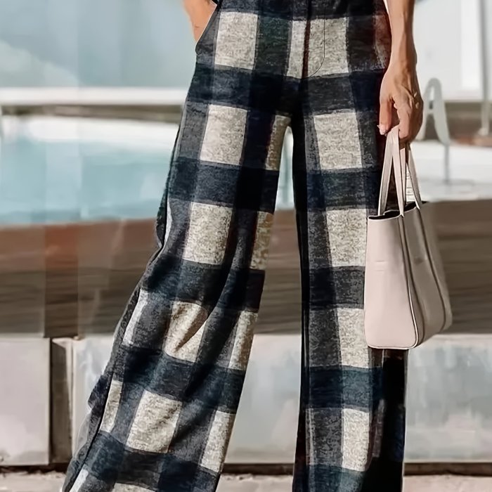 Plaid High Waist Wide Leg Pants, Casual Pants For Spring & Fall, Women's Clothing